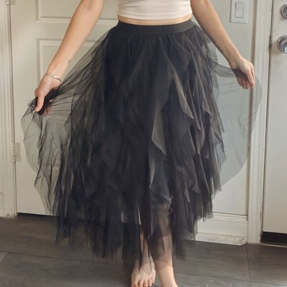 Luxe Black Asymmetrical hem Layered Mesh Midi Skirt - Picture 1 of 7